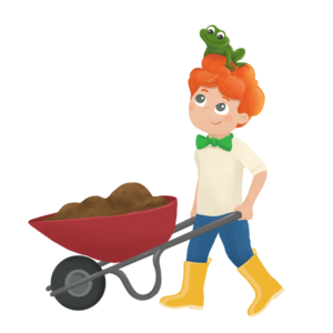 Fred Unafraid redhead boy pushing wheelbarrow with frog on head