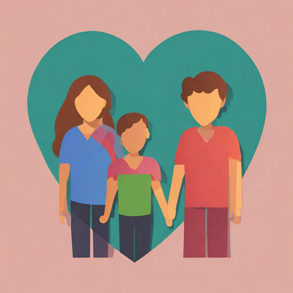 family of three graphic with large green hard behind