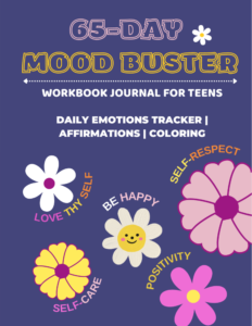 65-Day Mood Buster workbook cover with deep purple background and different color daisies and quotes