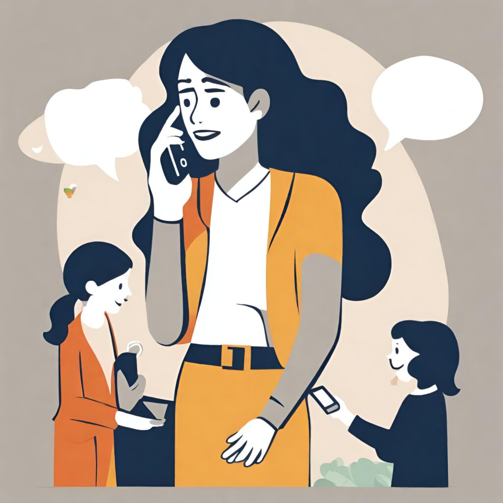 woman with along black hair talking to kids on her mobile phone