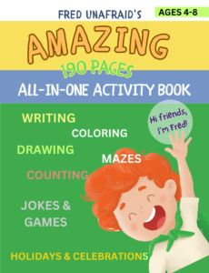 Green, yellow activity book cover with boy with red hair